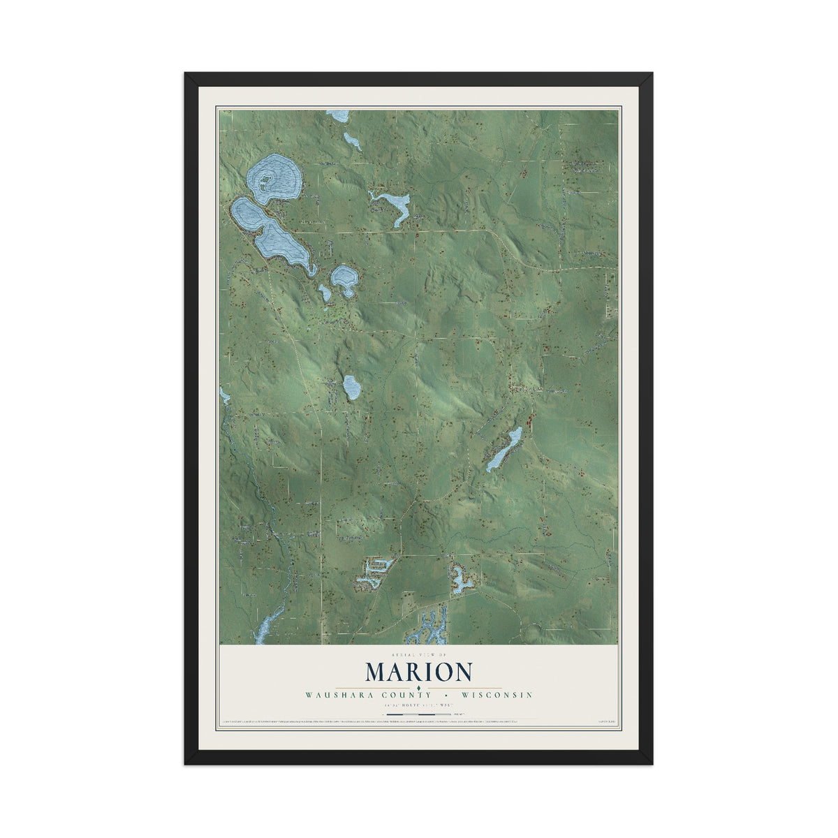 Map of Marion, Waushara County, Wisconsin, 12 x 18 inch print in a black wood frame
