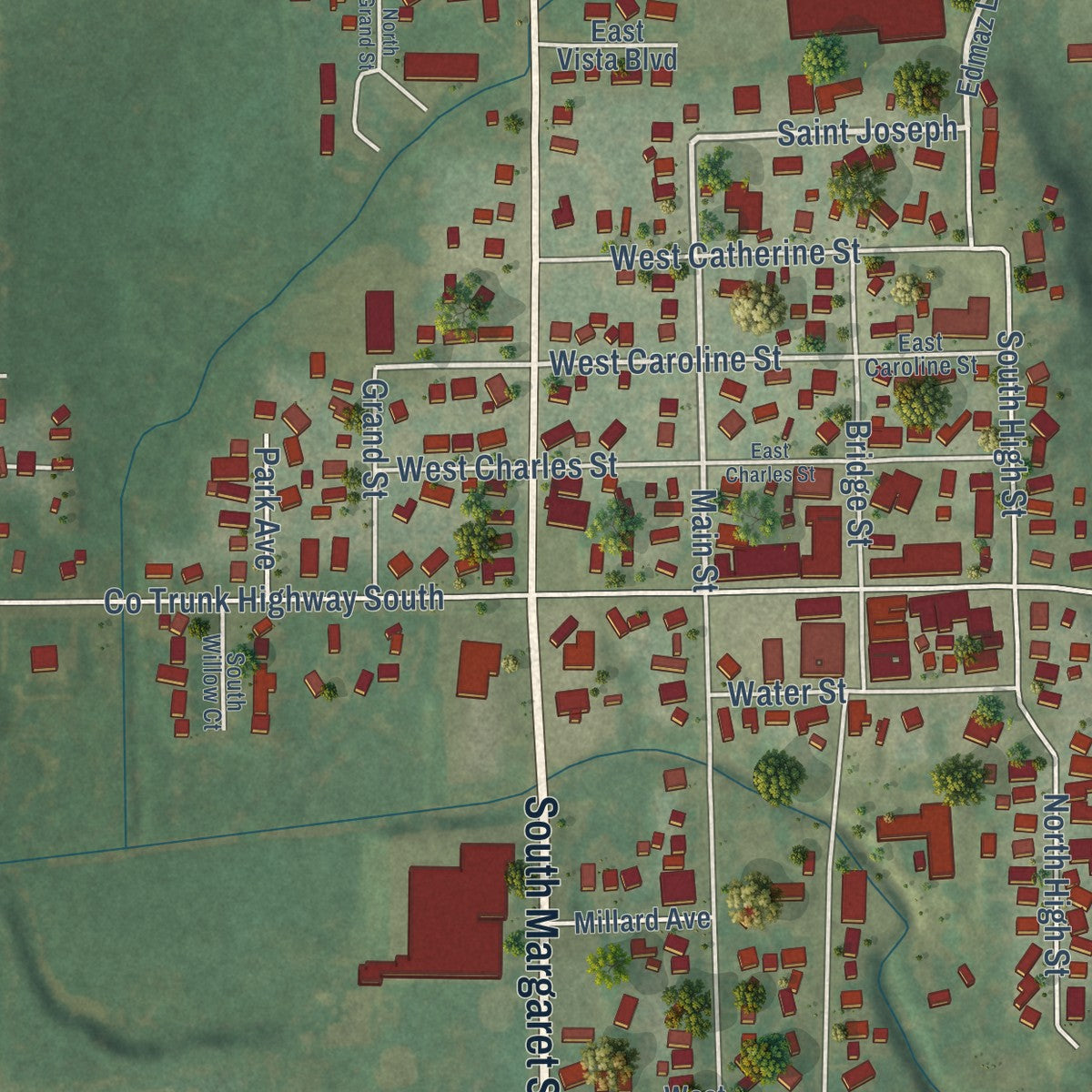 Close-up of the map of Markesan, Wisconsin print showing street and building detail