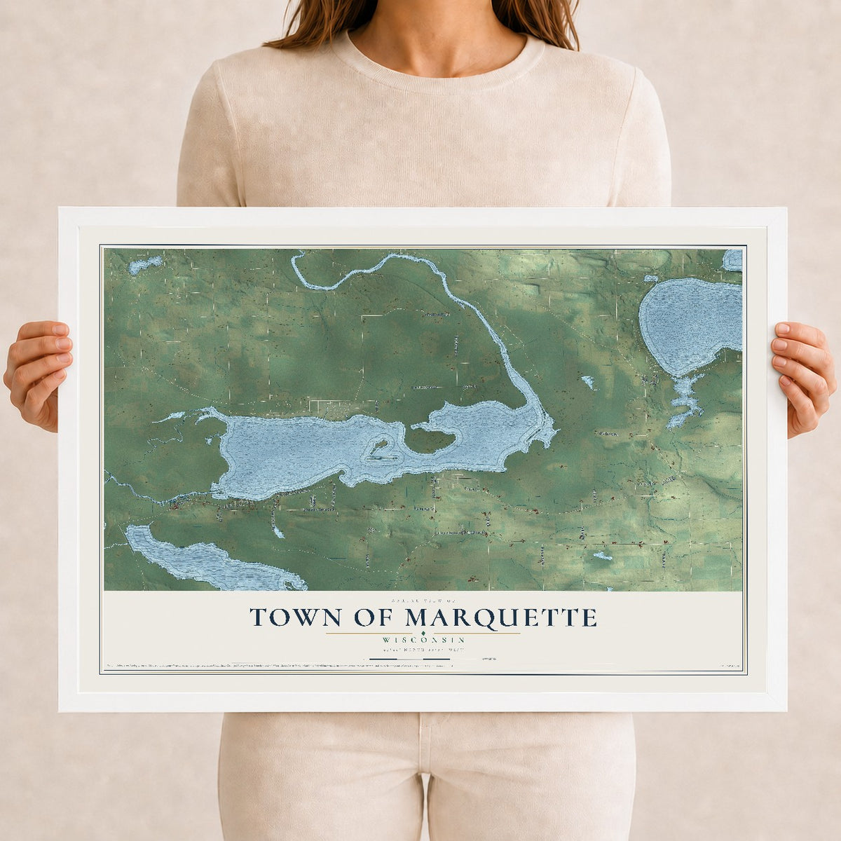 Map of the Town of Marquette, Wisconsin, 12 x 18 inch print in a white wood frame
