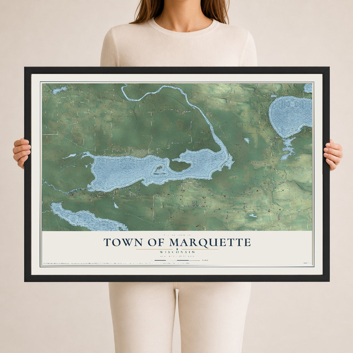 Map of the Town of Marquette, Wisconsin, 24 x 36 inch print in a black wood frame