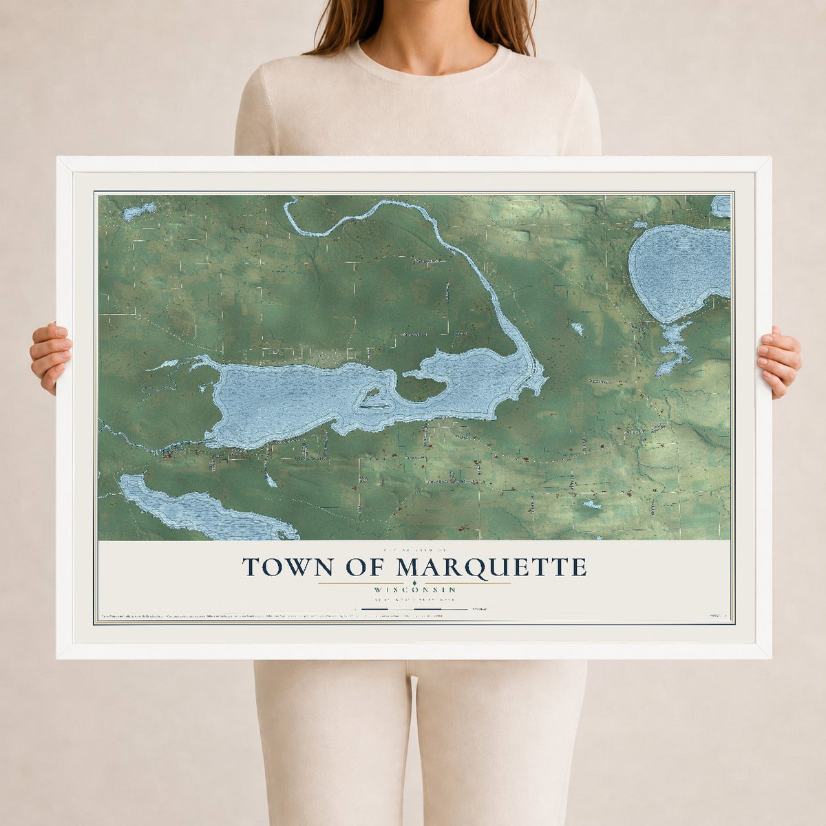 Map of the Town of Marquette, Wisconsin, 24 x 36 inch print in a white wood frame