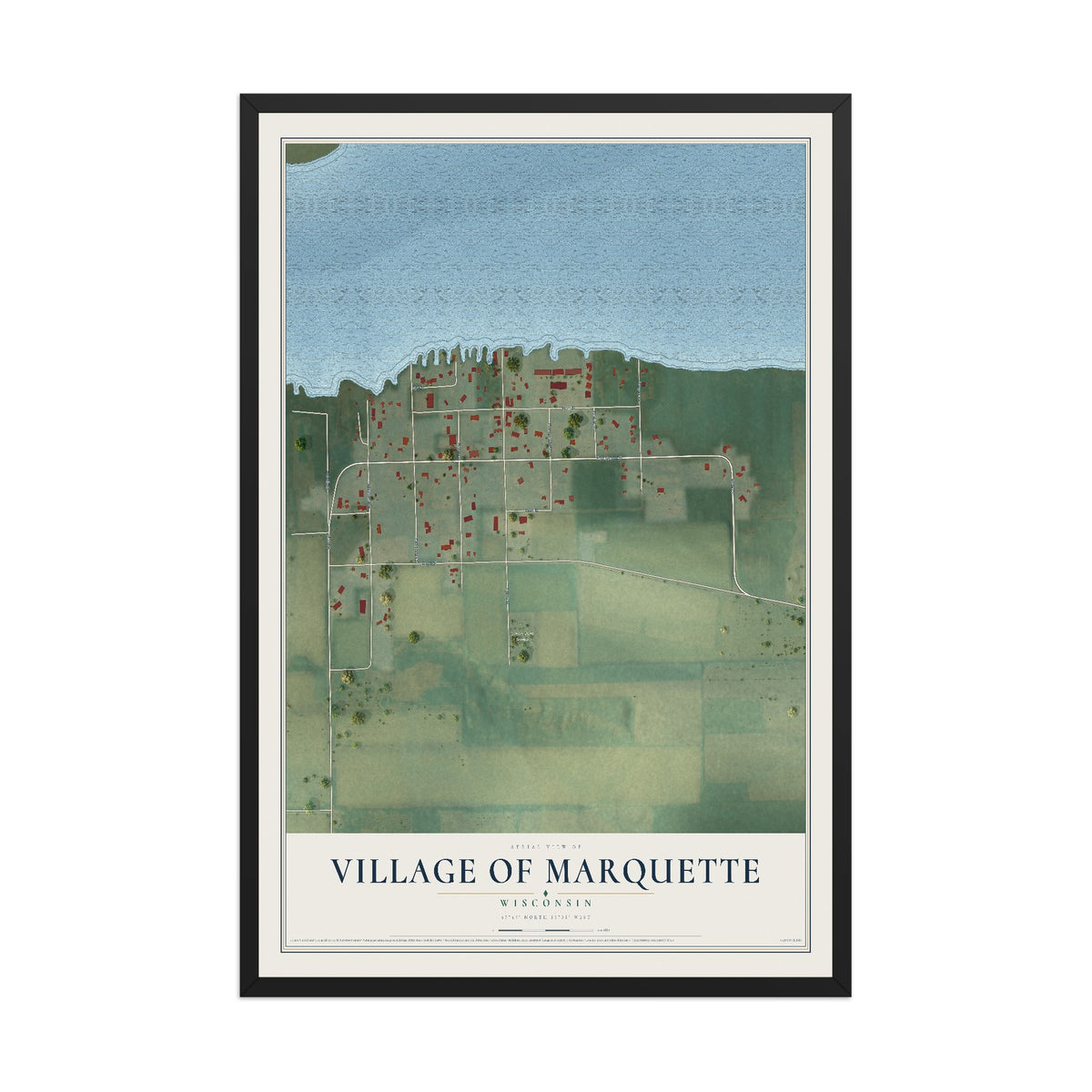 Map of Marquette, Wisconsin, 12 x 18 inch print in a black wood frame