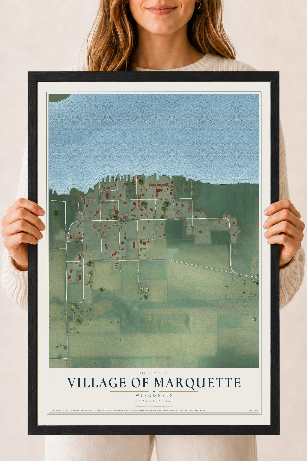 Map of Marquette, Wisconsin, 18 x 24 inch print in a black wood frame