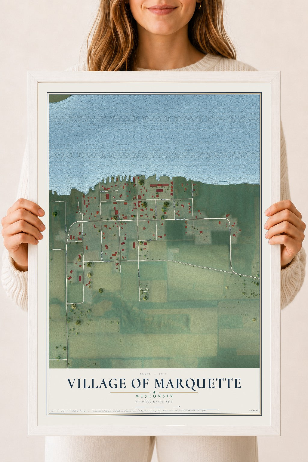 Map of Marquette, Wisconsin, 18 x 24 inch print in a white wood frame