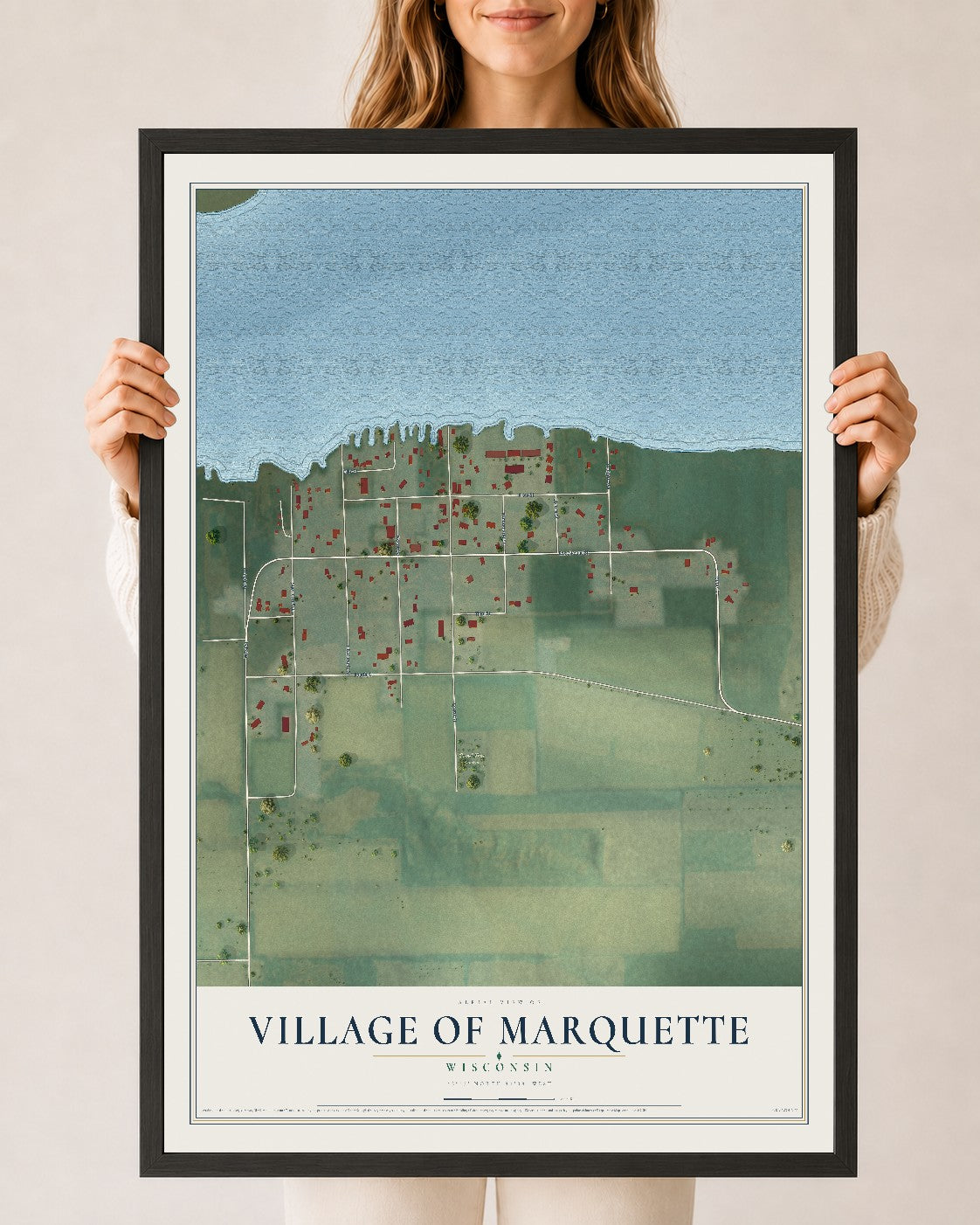 Map of Marquette, Wisconsin, 24 x 36 inch print in a black wood frame