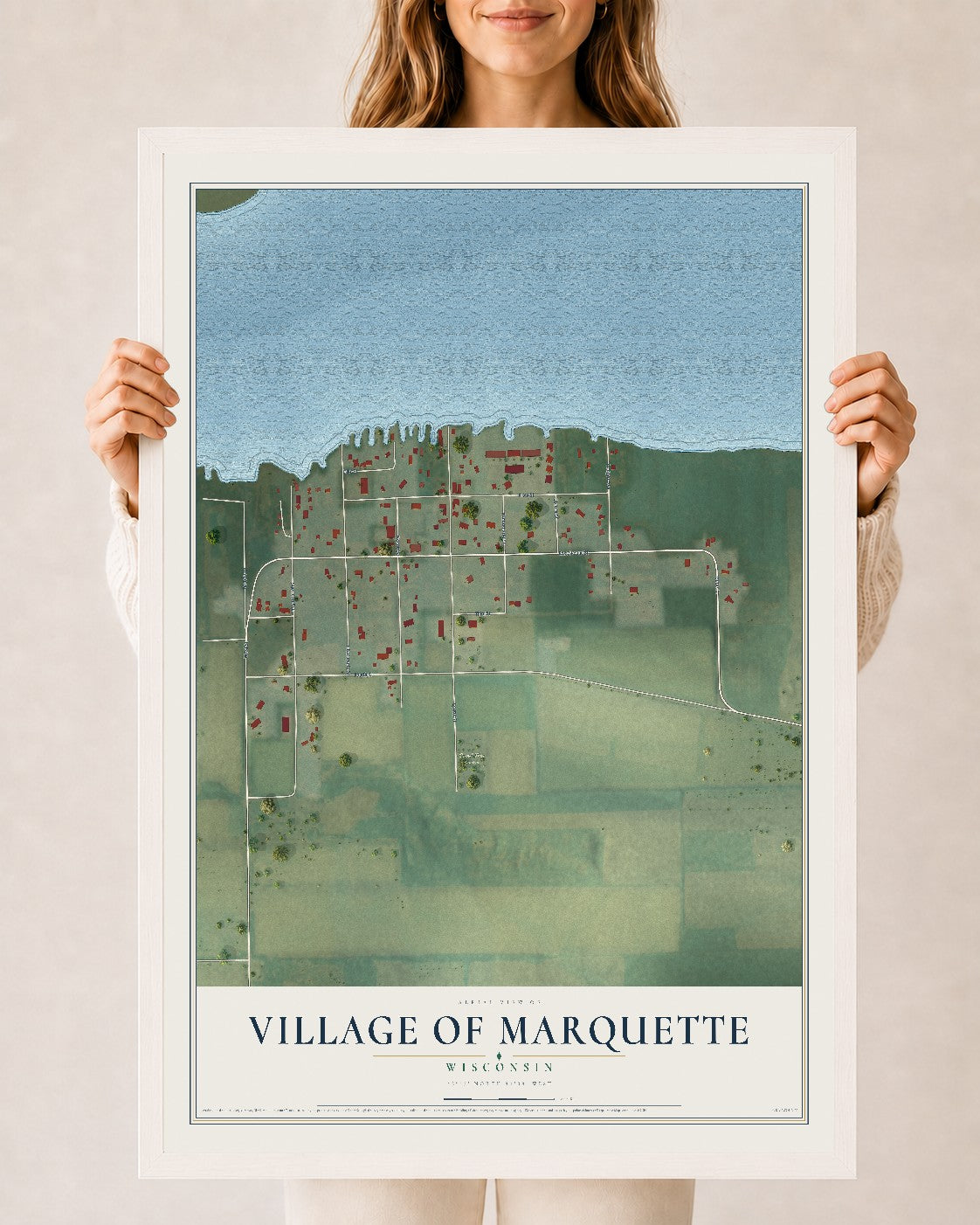 Map of Marquette, Wisconsin, 24 x 36 inch print in a white wood frame