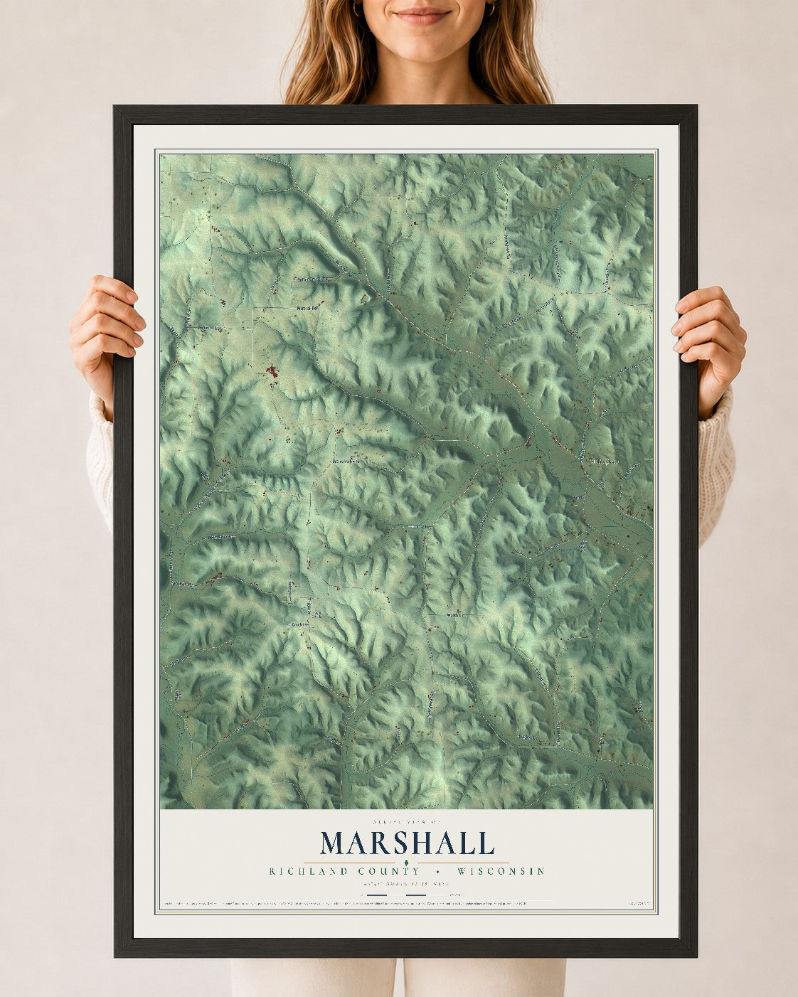 Map of Marshall, Richland County, Wisconsin, 24 x 36 inch print in a black wood frame