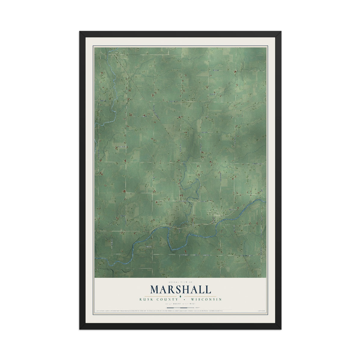 Map of Marshall, Rusk County, Wisconsin, 12 x 18 inch print in a black wood frame