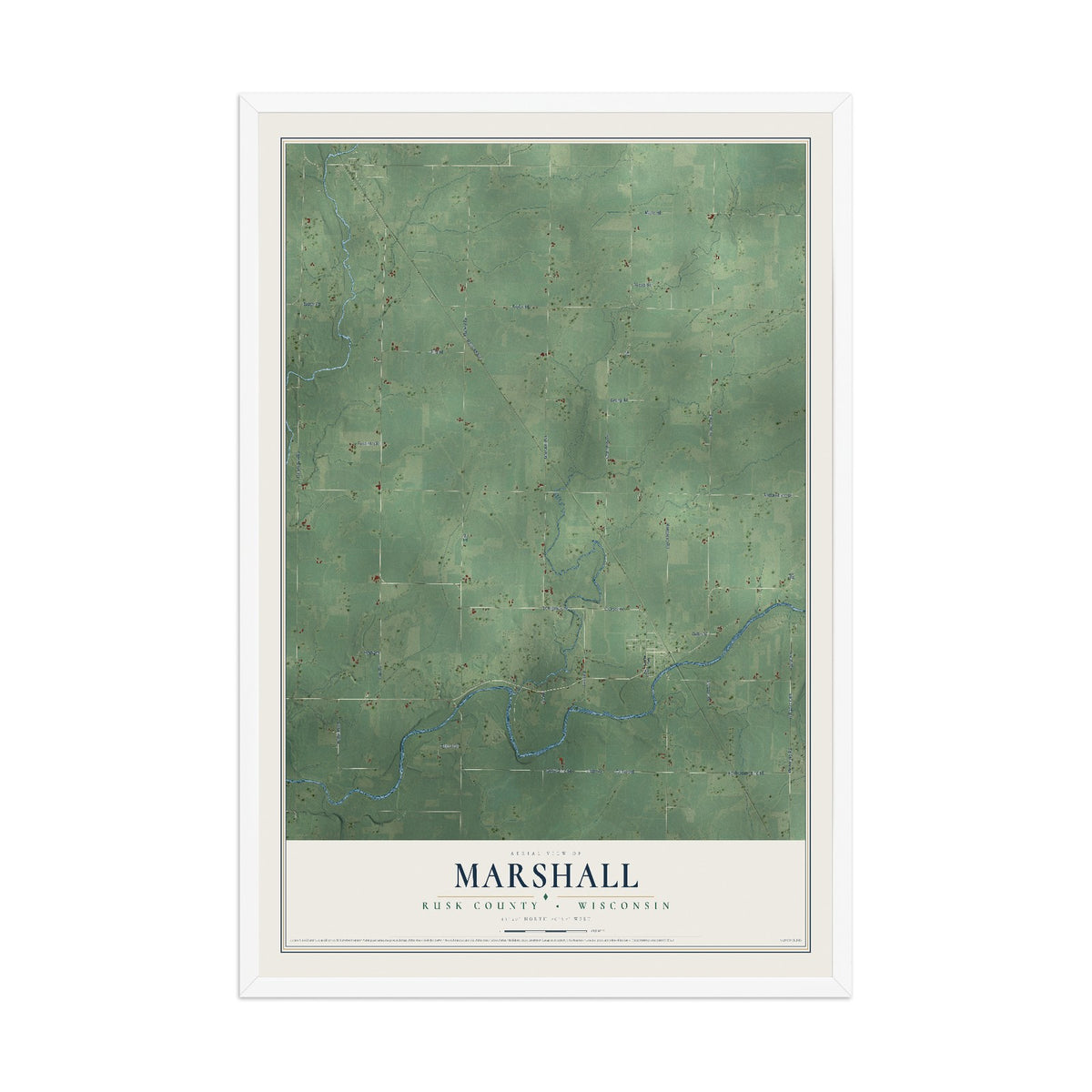 Map of Marshall, Rusk County, Wisconsin, 12 x 18 inch print in a white wood frame