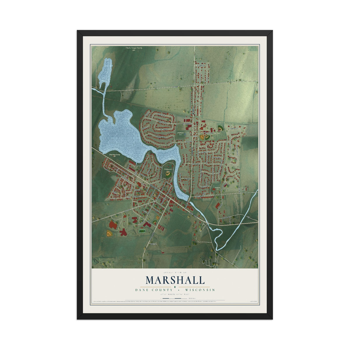 Map of Marshall, Dane County, Wisconsin, 12 x 18 inch print in a black wood frame