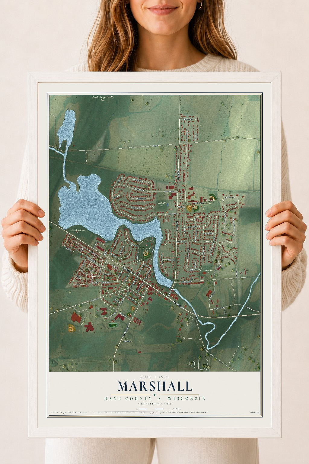 Map of Marshall, Dane County, Wisconsin, 18 x 24 inch print in a white wood frame