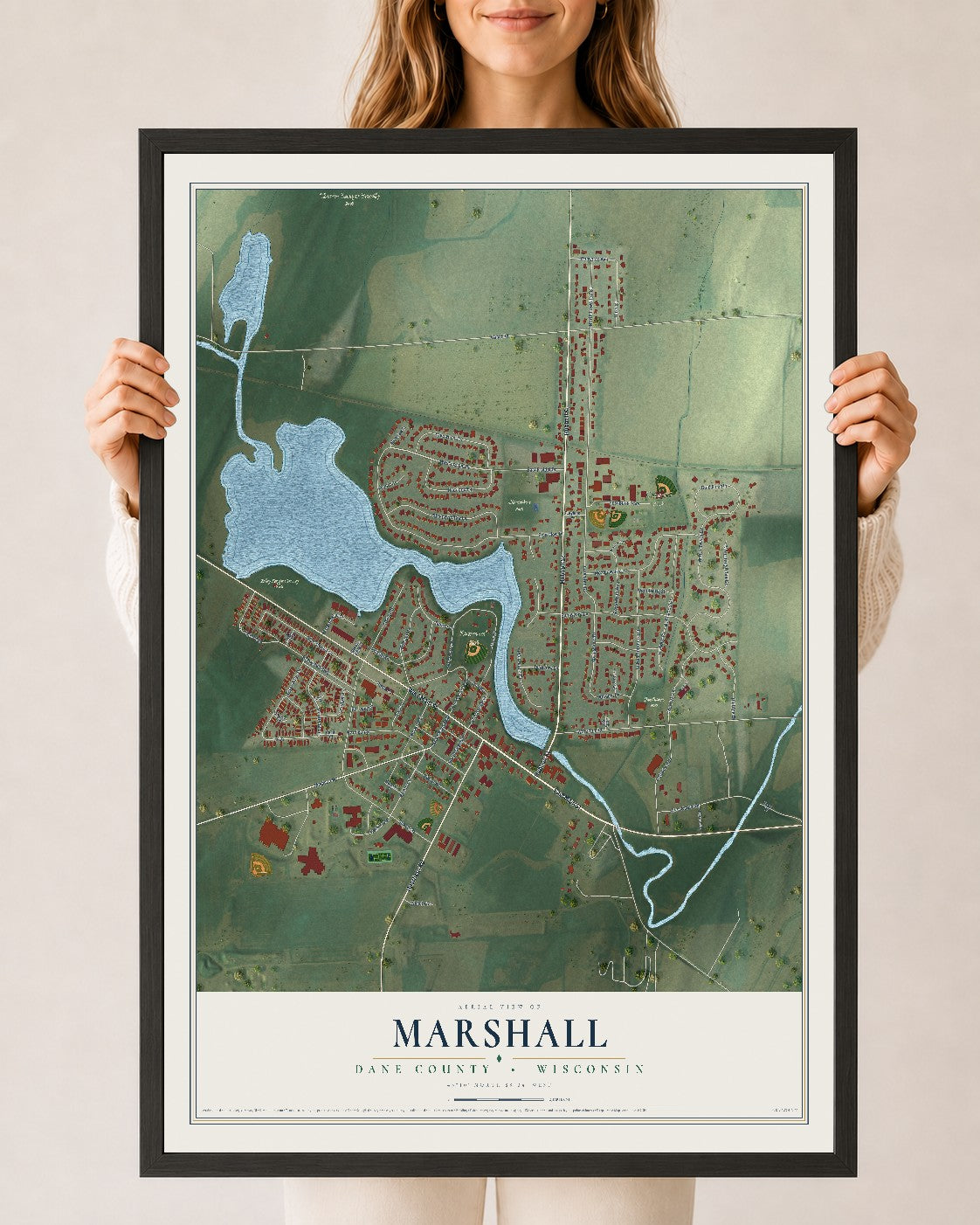 Map of Marshall, Dane County, Wisconsin, 24 x 36 inch print in a black wood frame