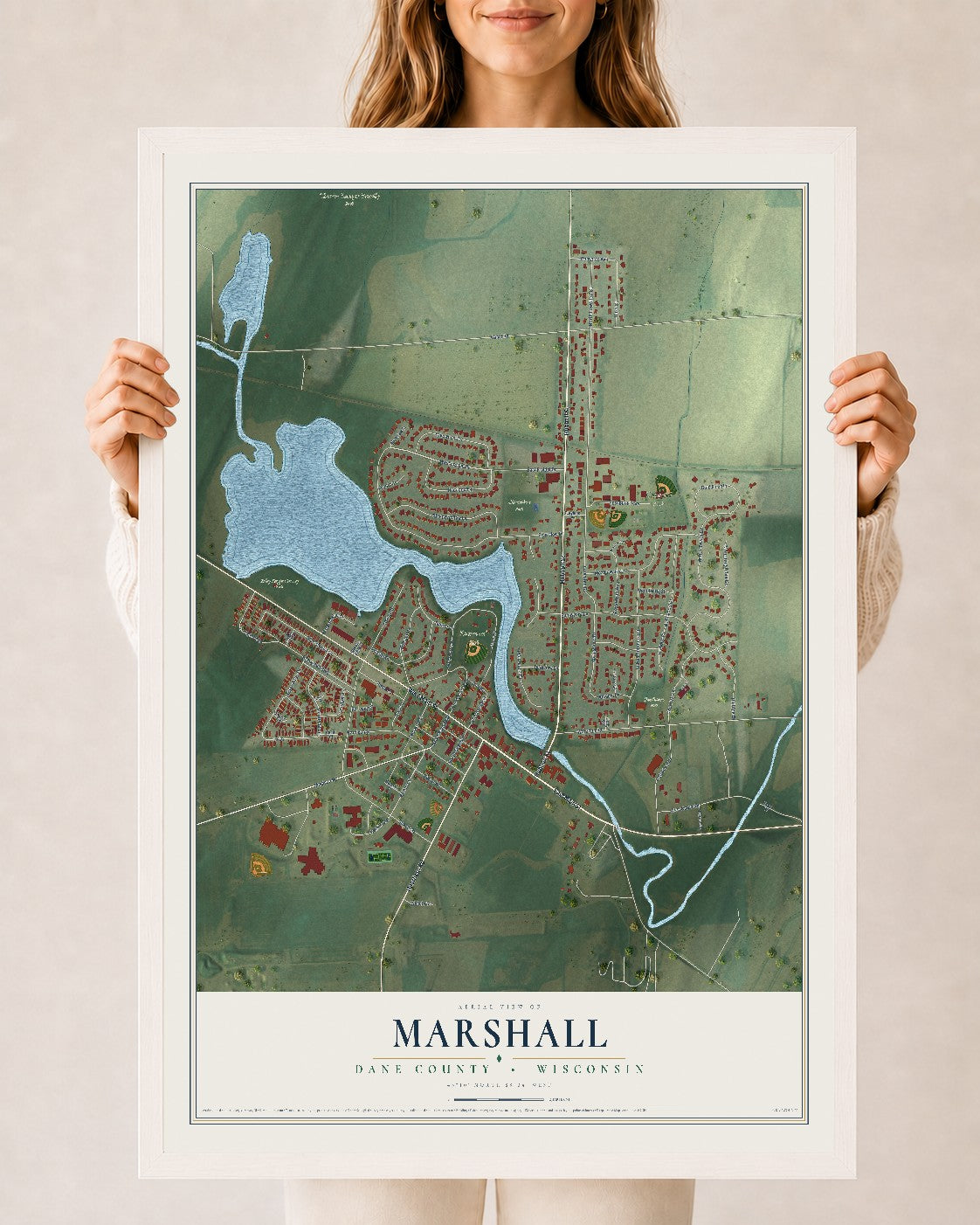 Map of Marshall, Dane County, Wisconsin, 24 x 36 inch print in a white wood frame