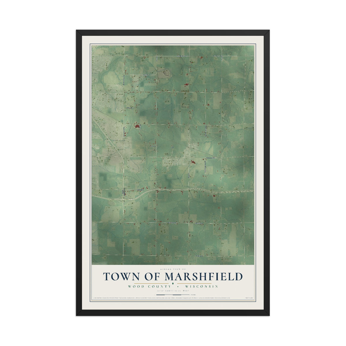 Map of the Town of Marshfield, Wood County, Wisconsin, 12 x 18 inch print in a black wood frame