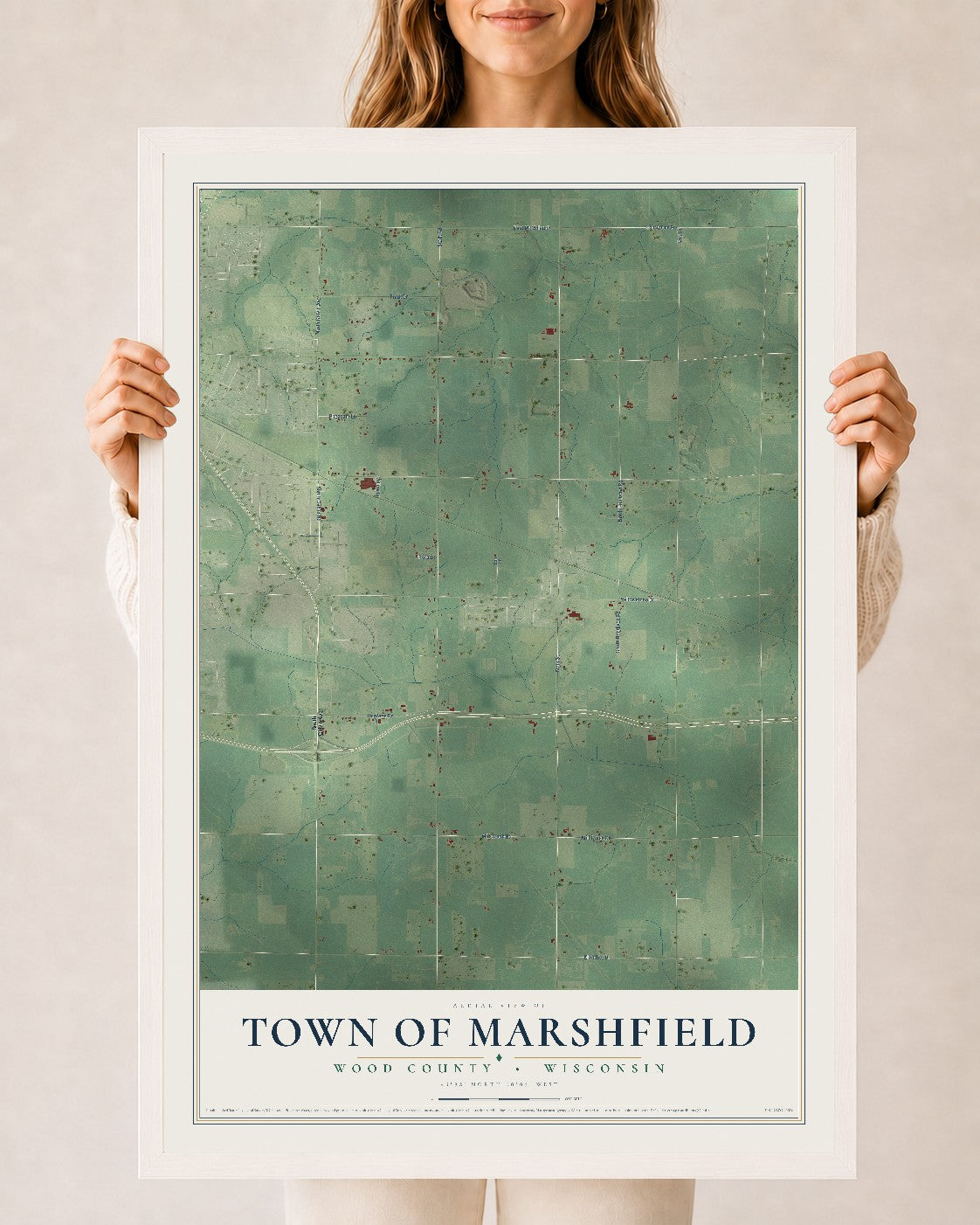 Map of the Town of Marshfield, Wood County, Wisconsin, 24 x 36 inch print in a white wood frame