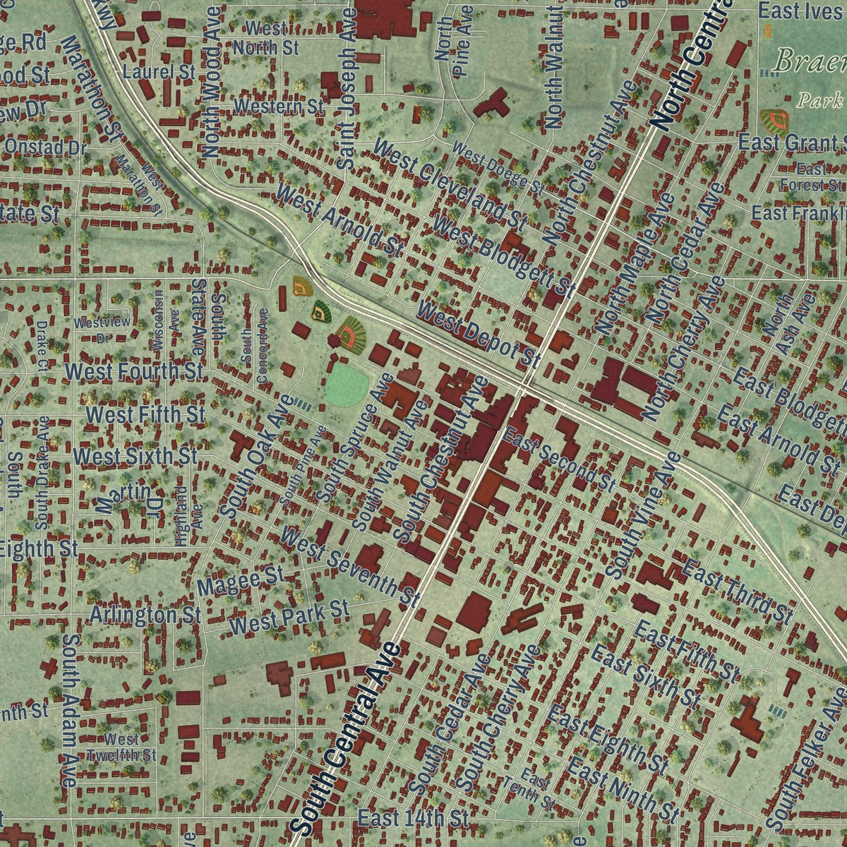 Close-up of the map of Marshfield, Wisconsin print showing street and building detail