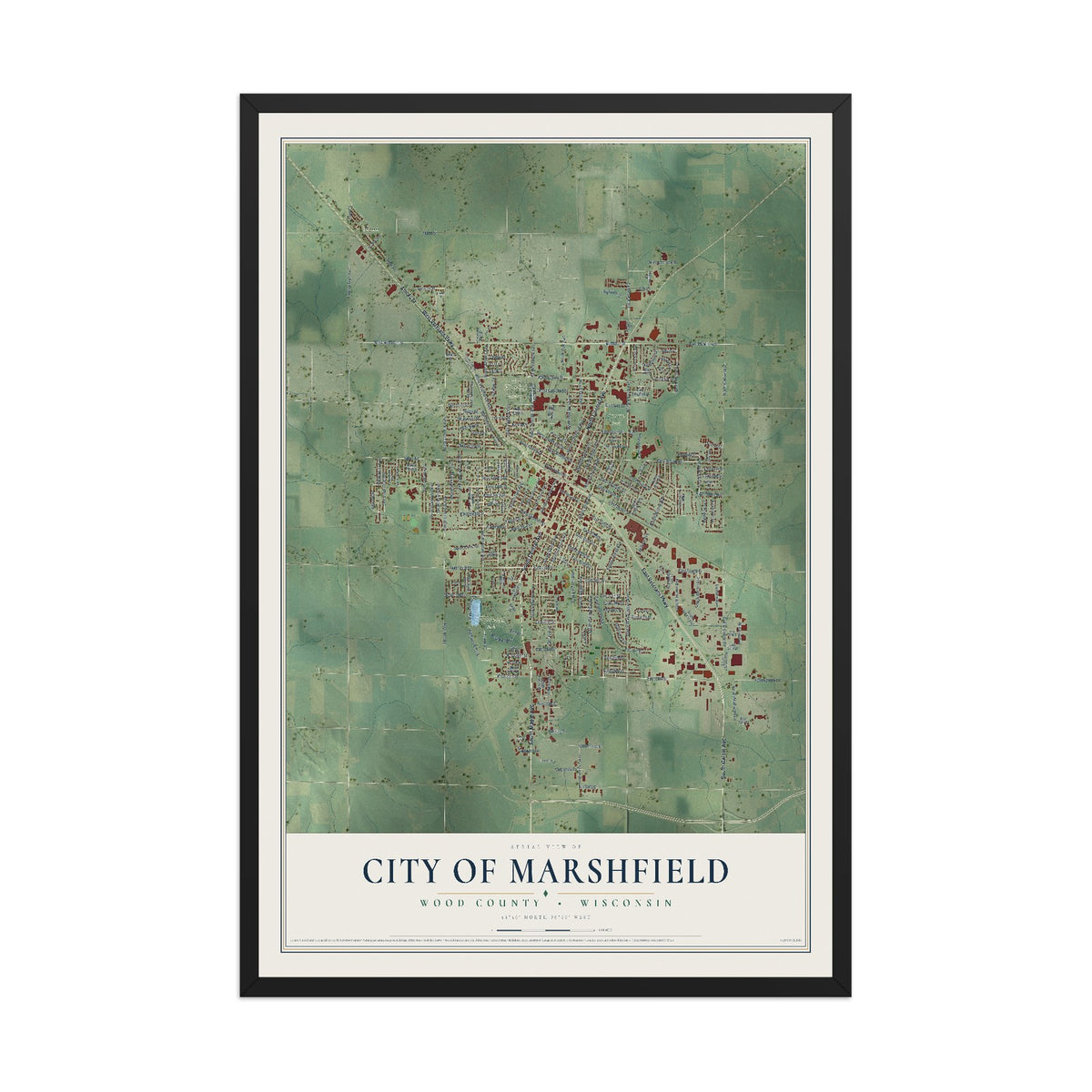 Map of Marshfield, Wisconsin, 12 x 18 inch print in a black wood frame