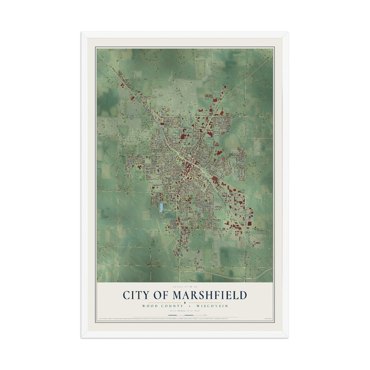 Map of Marshfield, Wisconsin, 12 x 18 inch print in a white wood frame