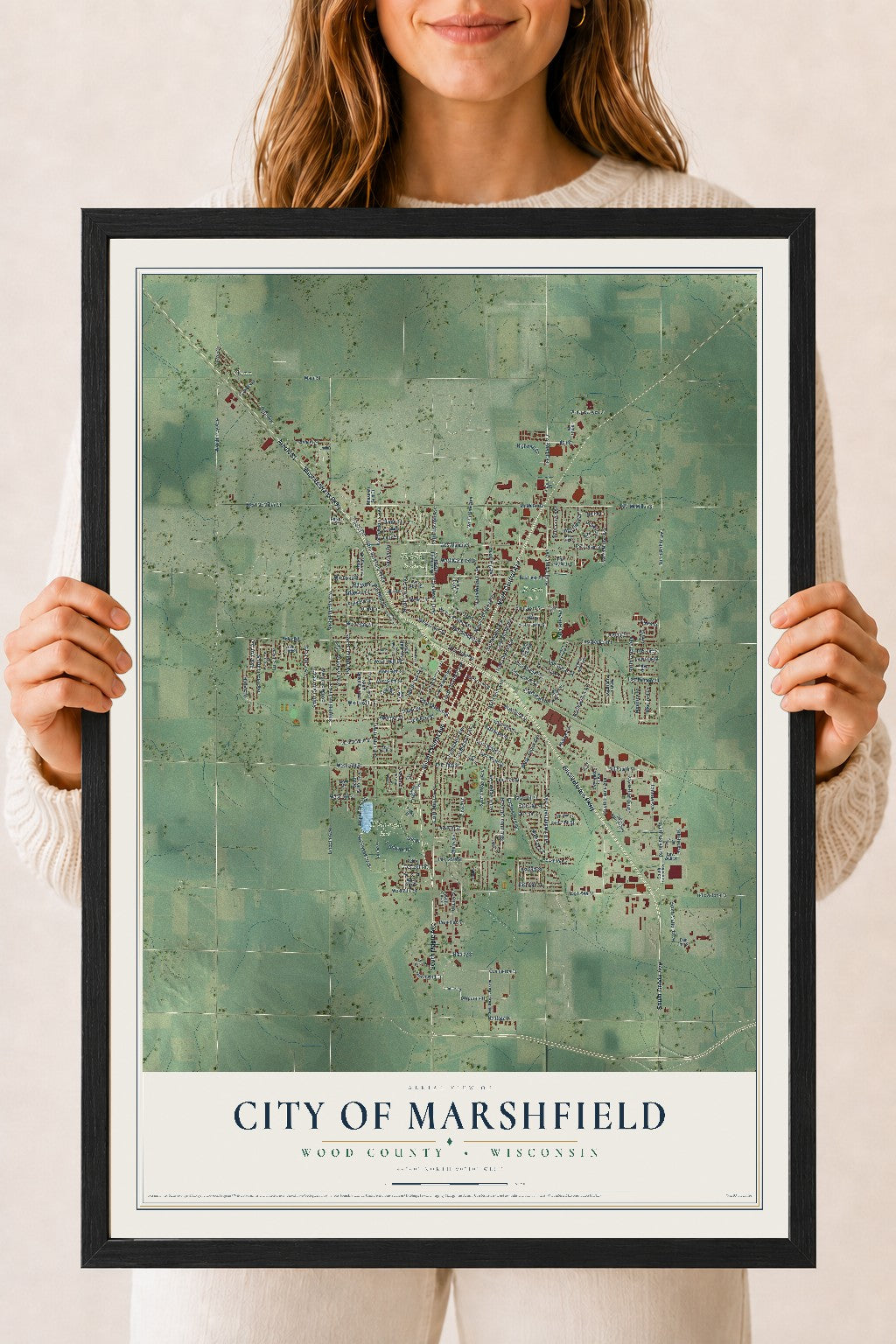 Map of Marshfield, Wisconsin, 18 x 24 inch print in a black wood frame