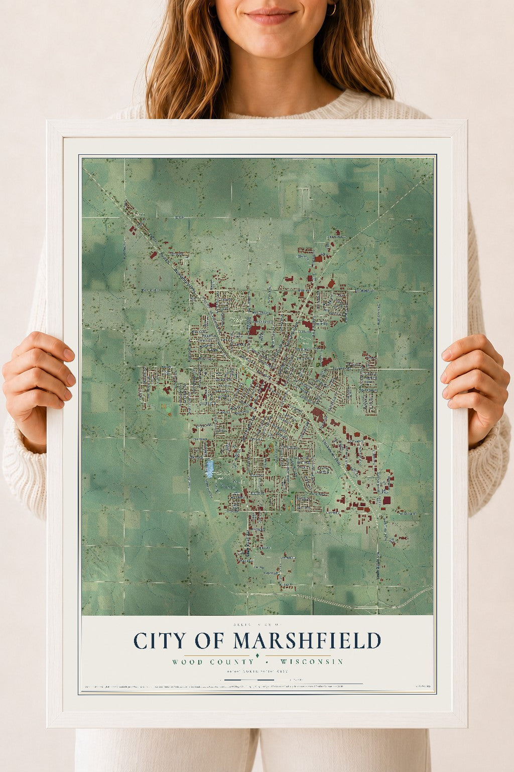Map of Marshfield, Wisconsin, 18 x 24 inch print in a white wood frame