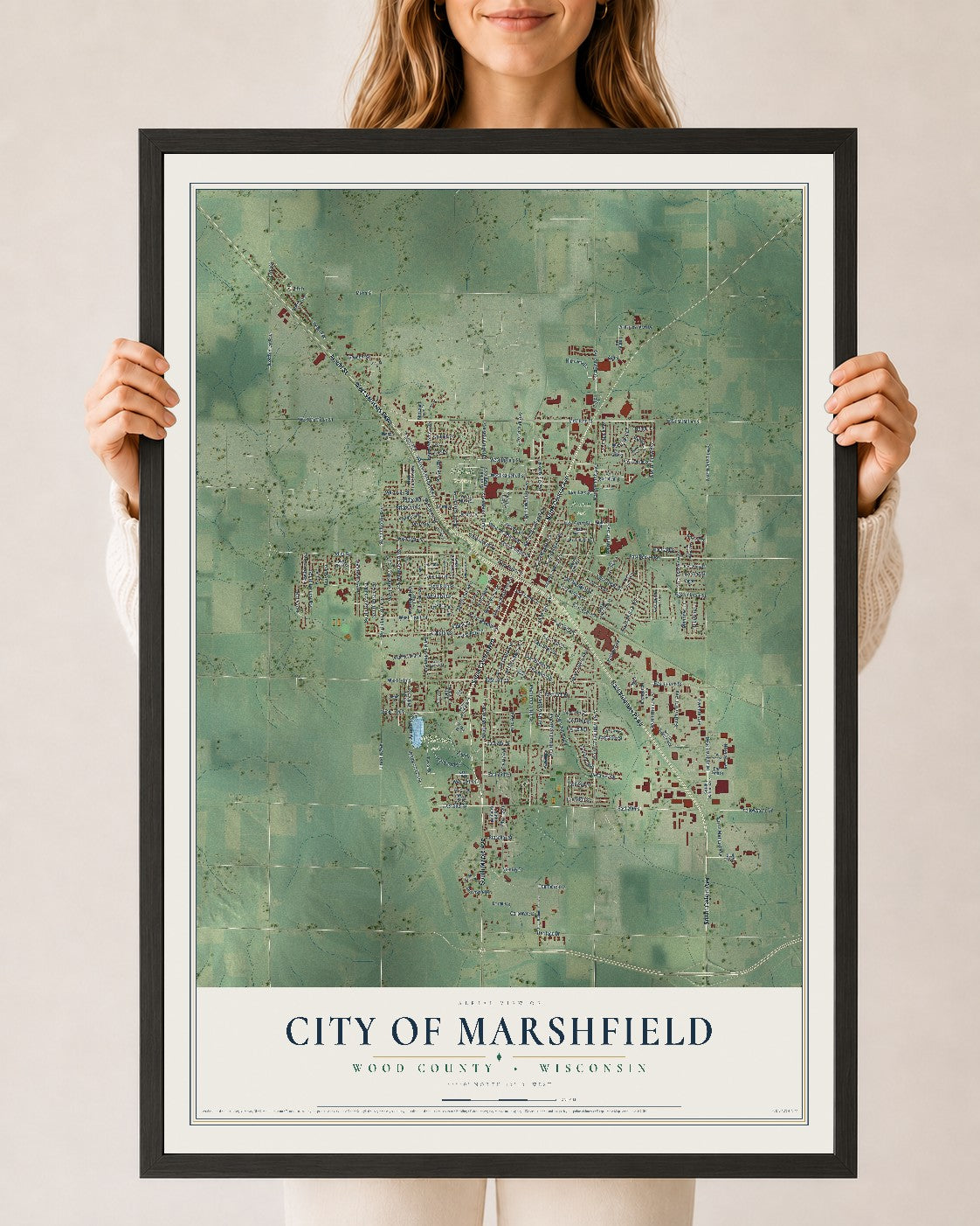 Map of Marshfield, Wisconsin, 24 x 36 inch print in a black wood frame