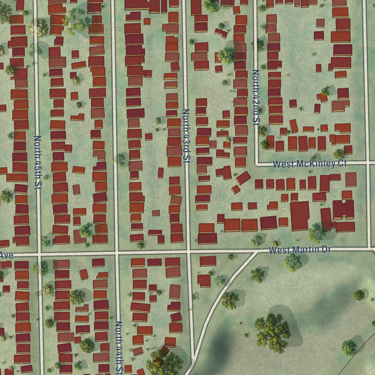 Close-up of the map of Martin Drive, Wisconsin print showing street and building detail