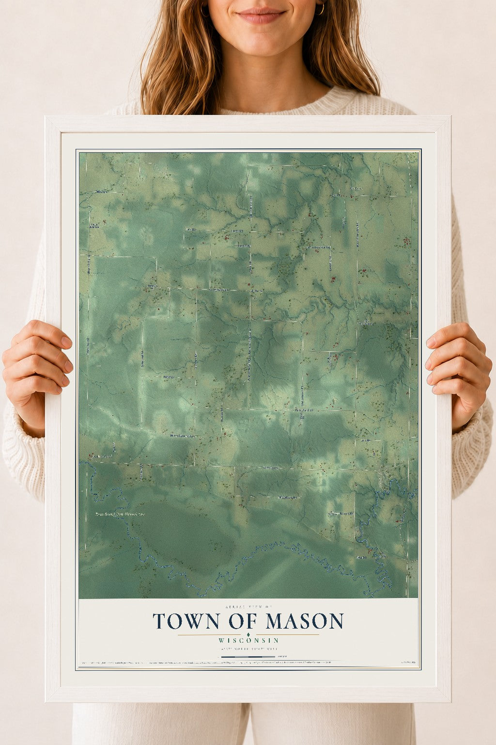 Map of the Town of Mason, Wisconsin, 18 x 24 inch print in a white wood frame