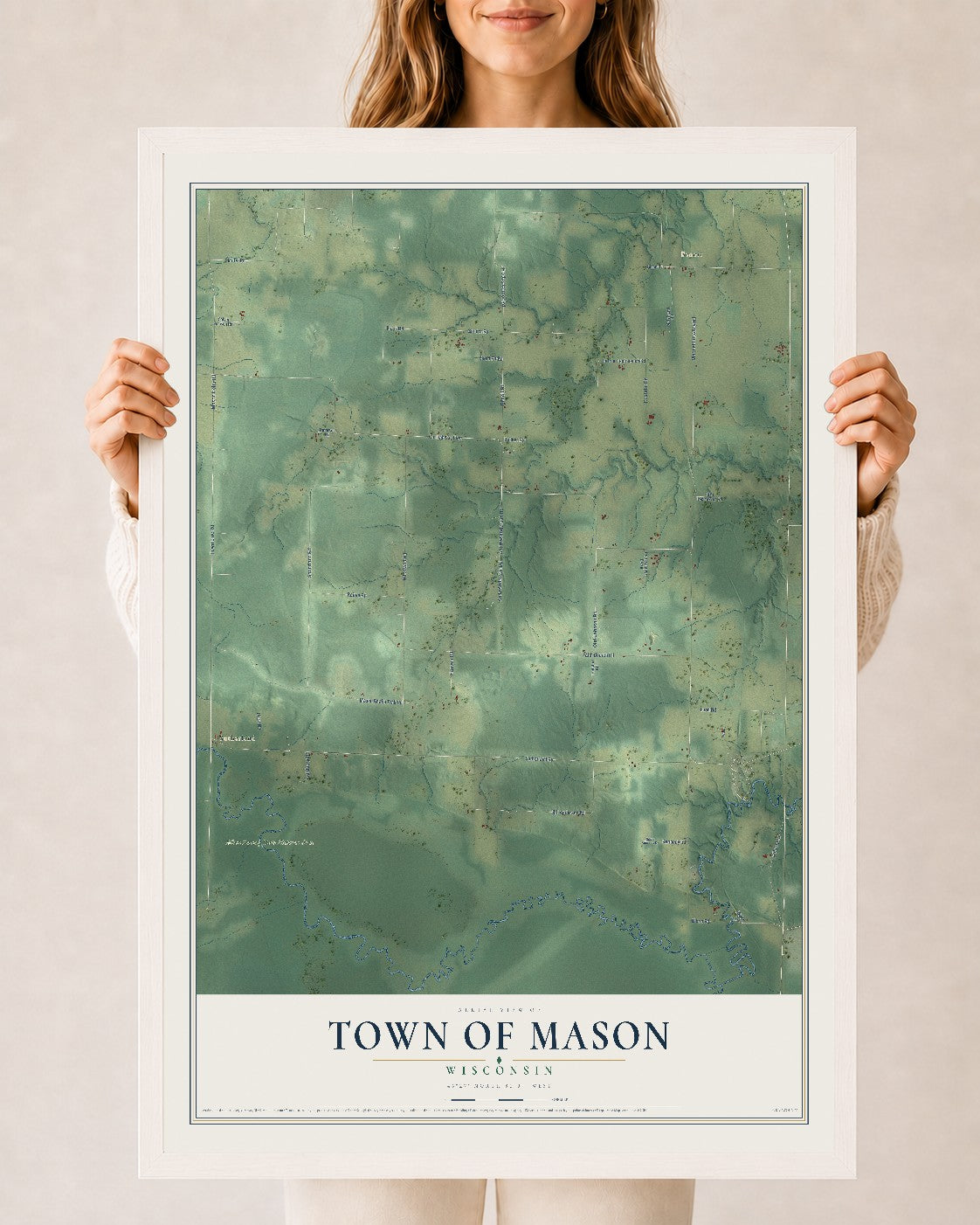 Map of the Town of Mason, Wisconsin, 24 x 36 inch print in a white wood frame