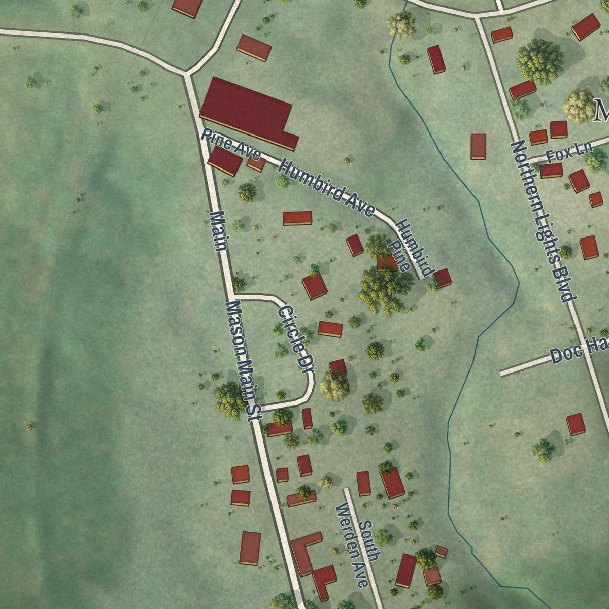 Close-up of the map of Mason, Wisconsin print showing street and building detail