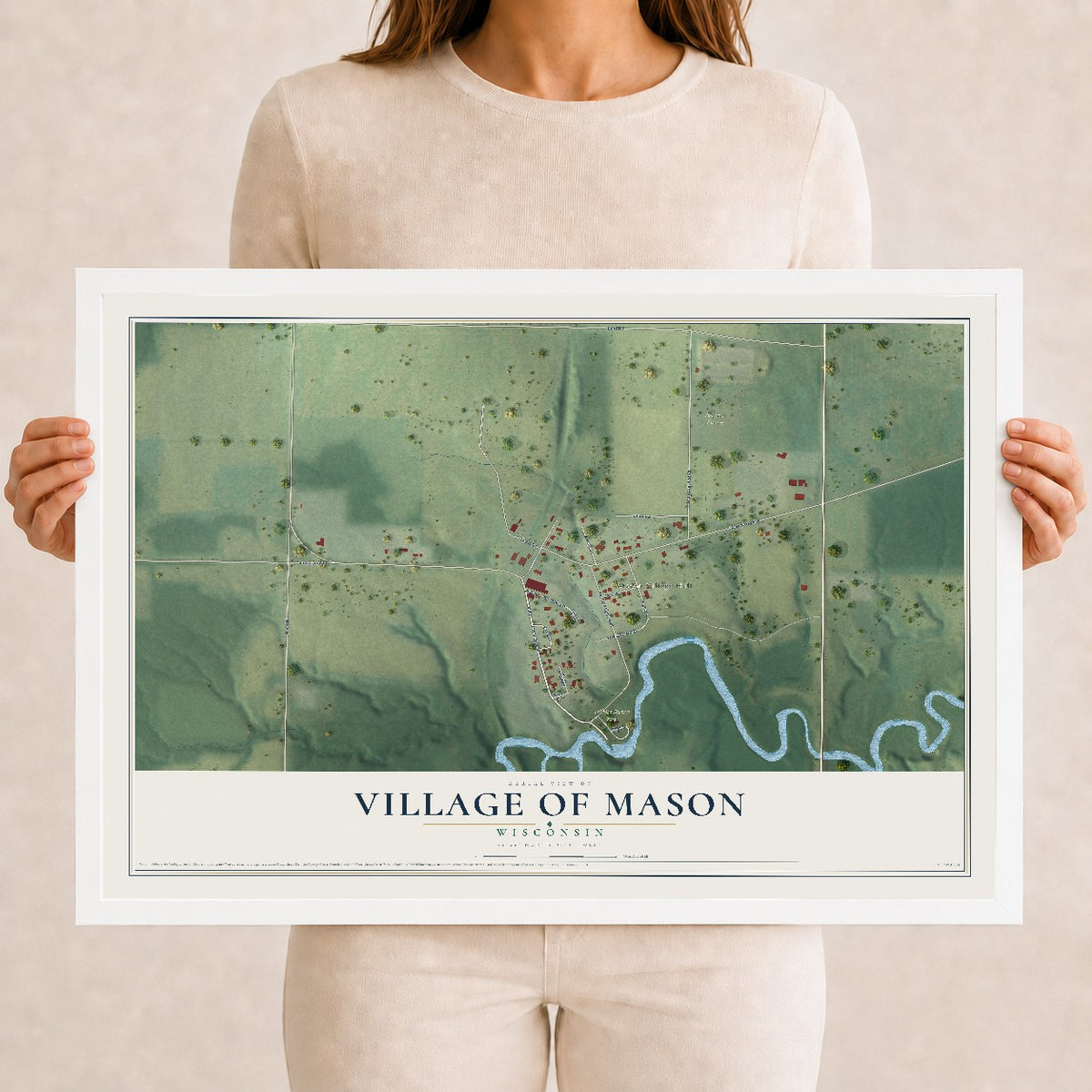 Map of Mason, Wisconsin, 12 x 18 inch print in a white wood frame