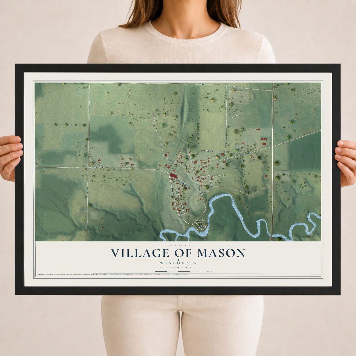 Map of Mason, Wisconsin, 18 x 24 inch print in a black wood frame