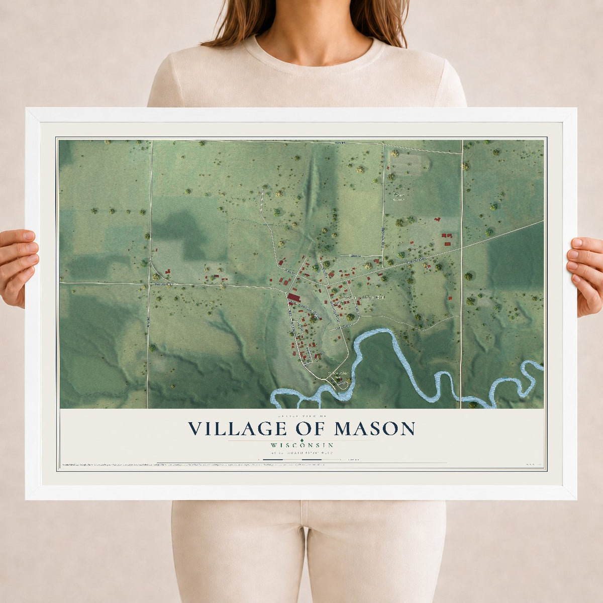 Map of Mason, Wisconsin, 18 x 24 inch print in a white wood frame