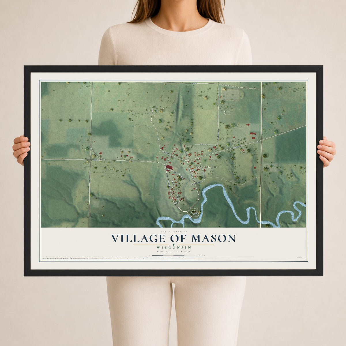Map of Mason, Wisconsin, 24 x 36 inch print in a black wood frame