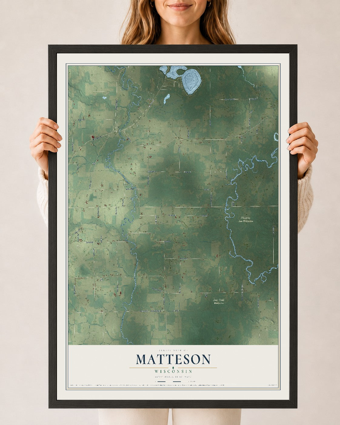Map of Matteson, Wisconsin, 24 x 36 inch print in a black wood frame