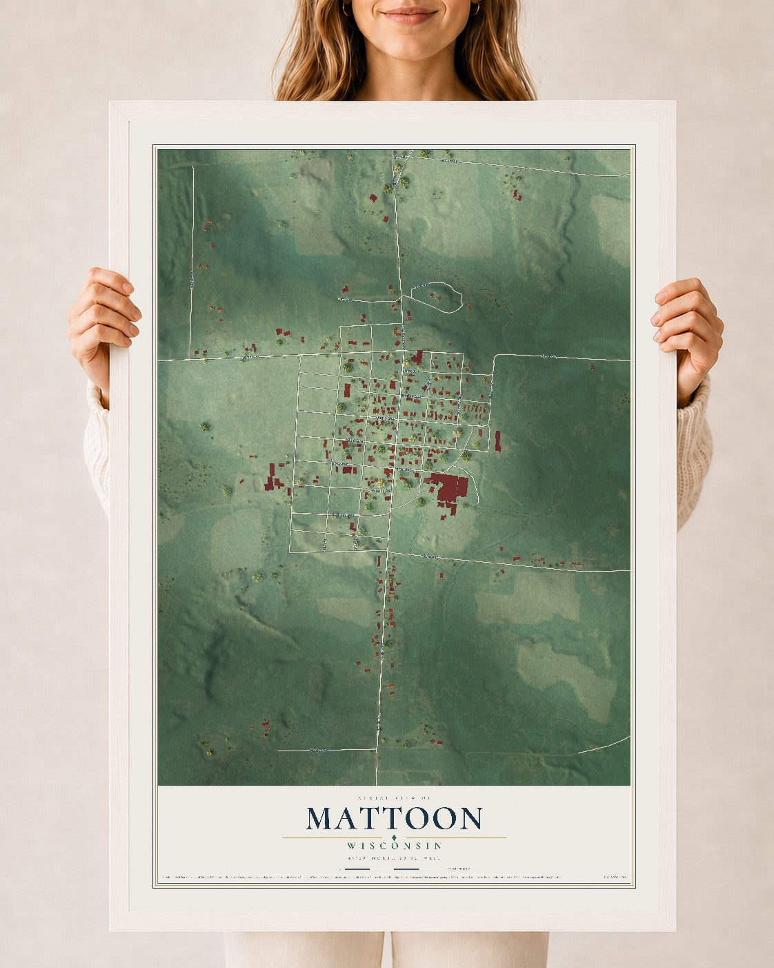 Map of Mattoon, Wisconsin, 24 x 36 inch print in a white wood frame