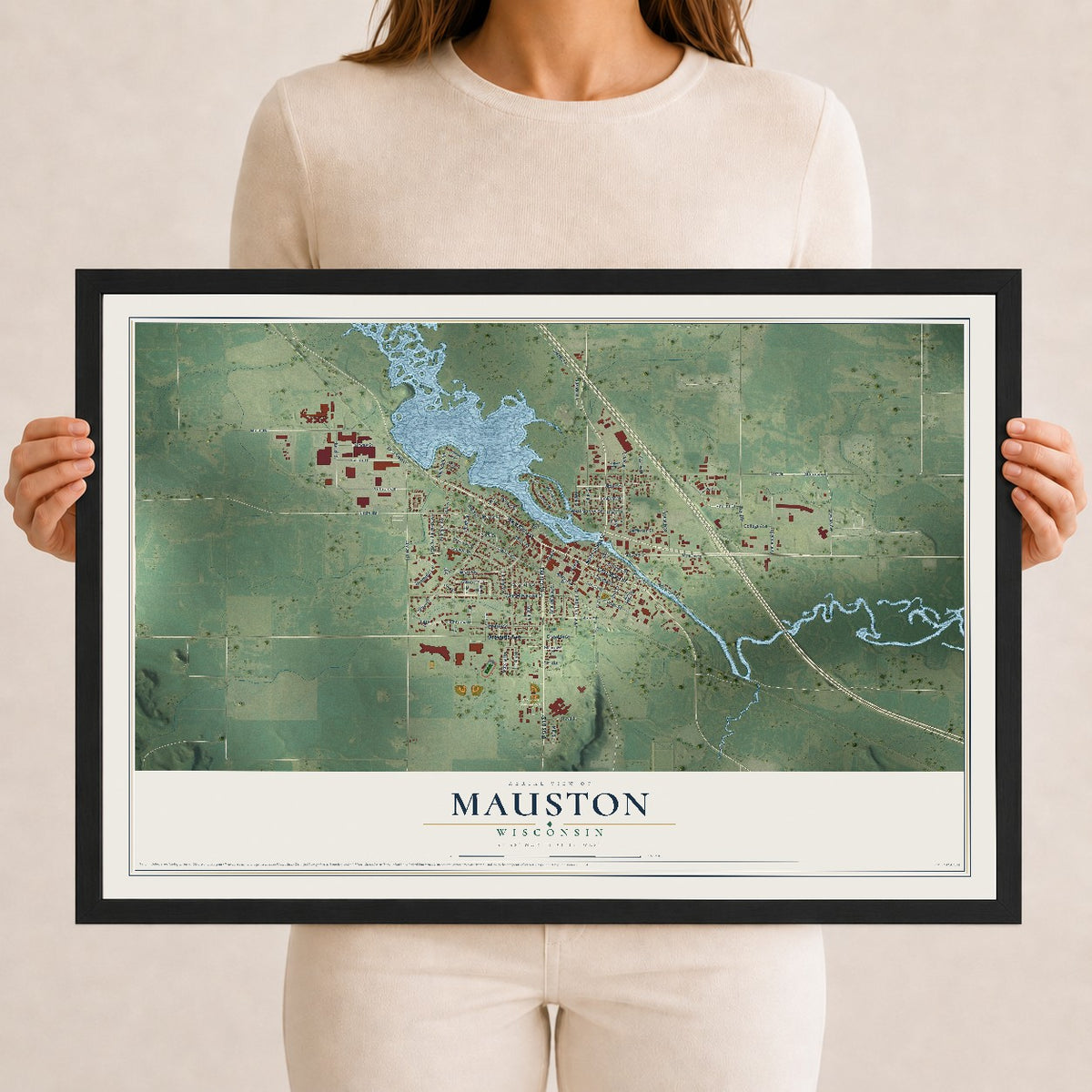 Map of Mauston, Wisconsin, 12 x 18 inch print in a black wood frame