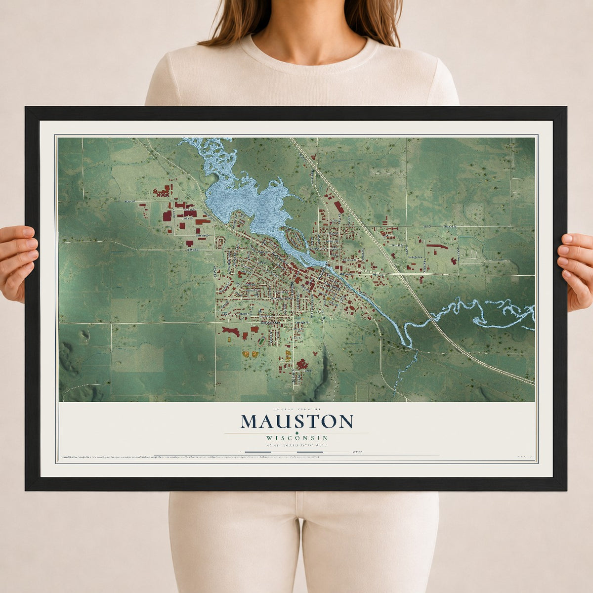 Map of Mauston, Wisconsin, 18 x 24 inch print in a black wood frame