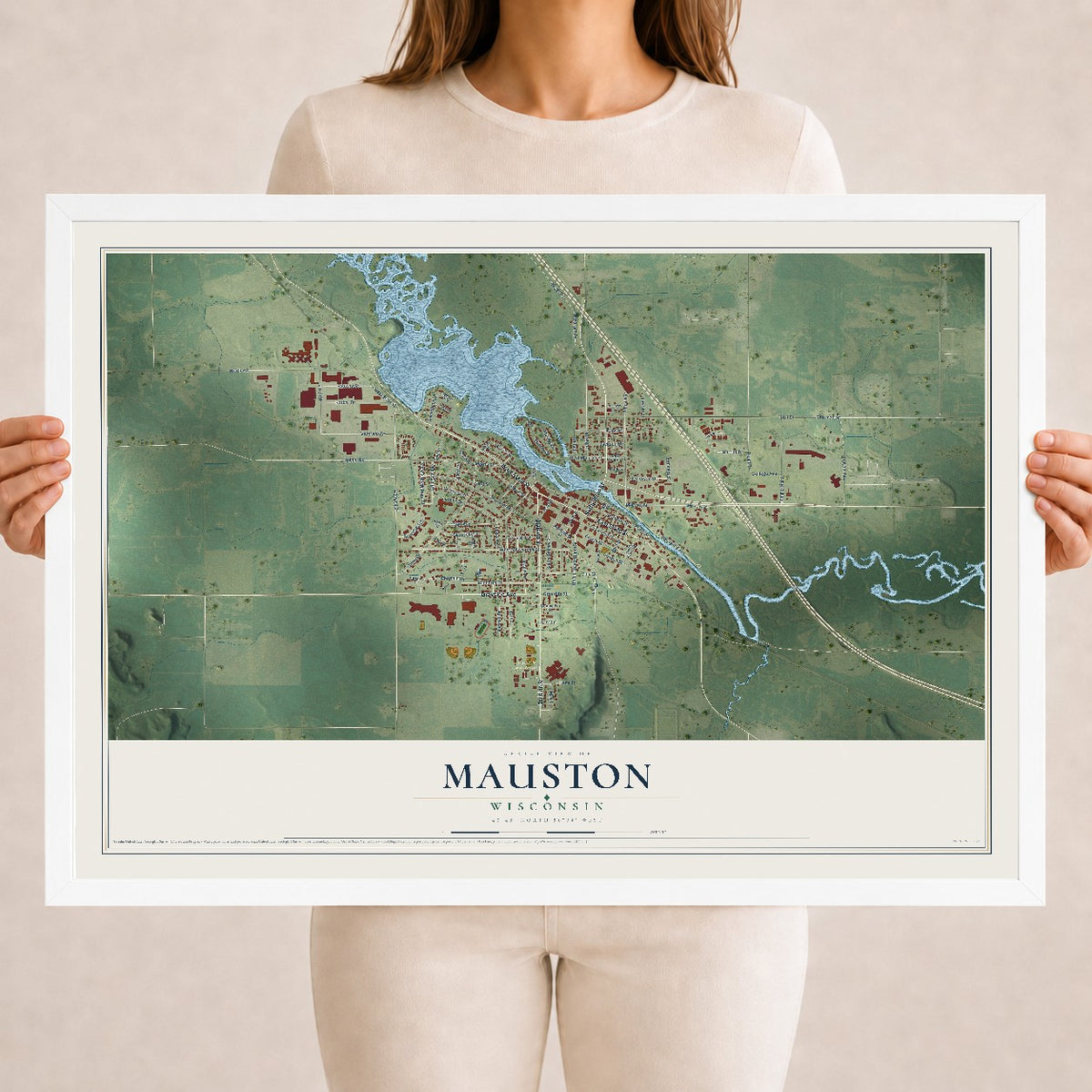 Map of Mauston, Wisconsin, 18 x 24 inch print in a white wood frame