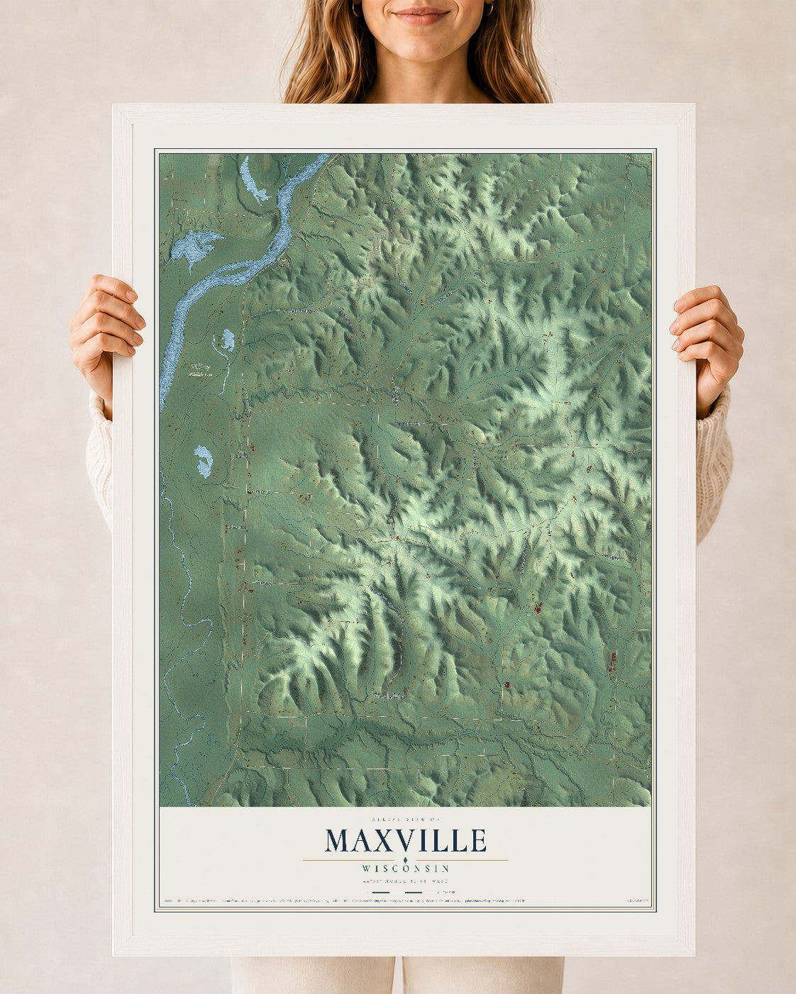 Map of Maxville, Wisconsin, 24 x 36 inch print in a white wood frame