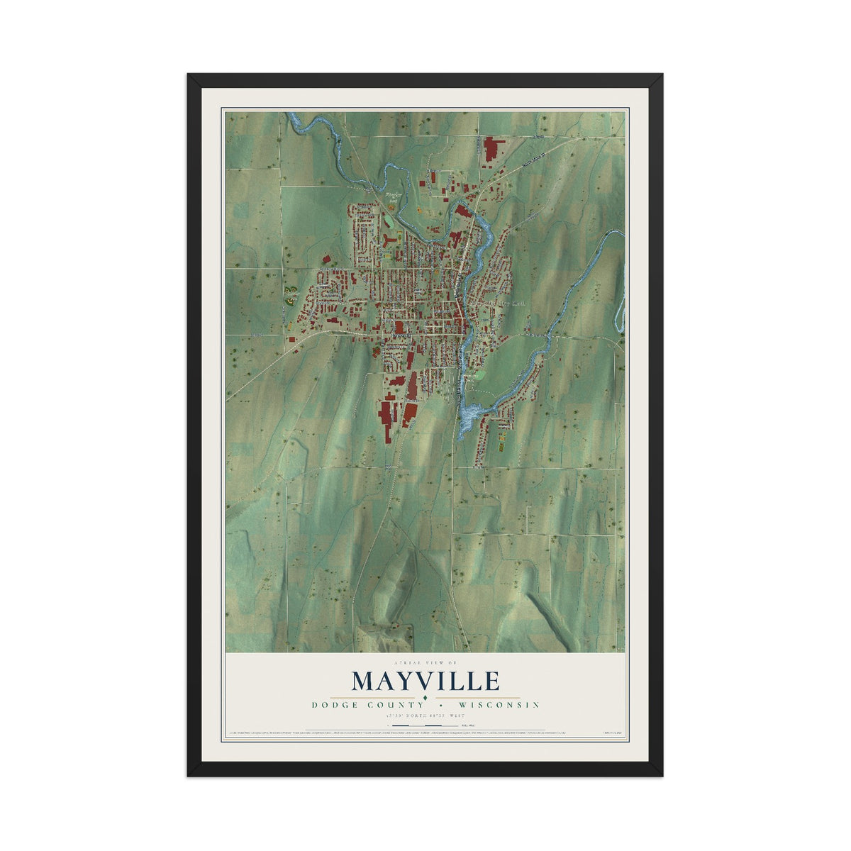 Map of Mayville, Dodge County, Wisconsin, 12 x 18 inch print in a black wood frame
