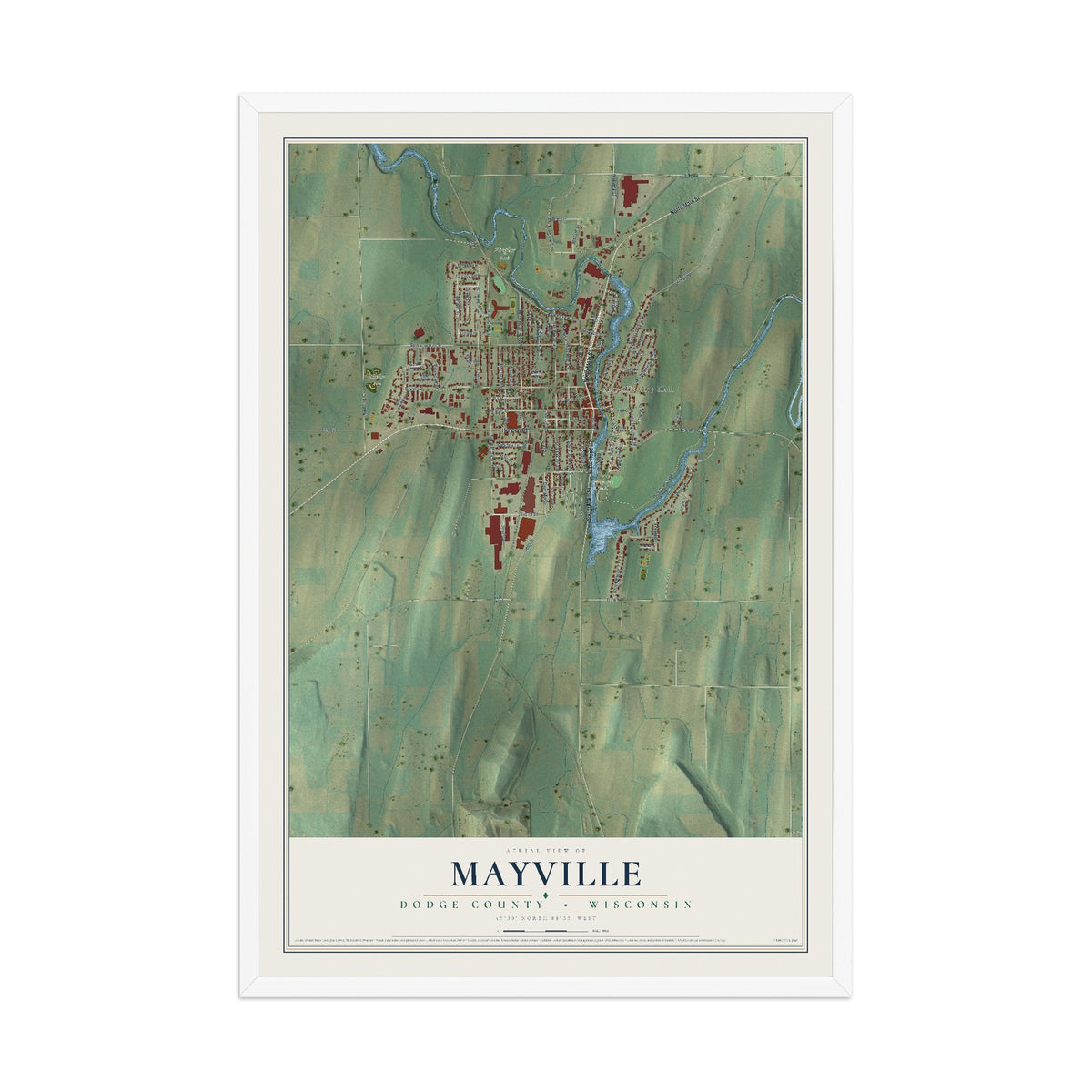 Map of Mayville, Dodge County, Wisconsin, 12 x 18 inch print in a white wood frame