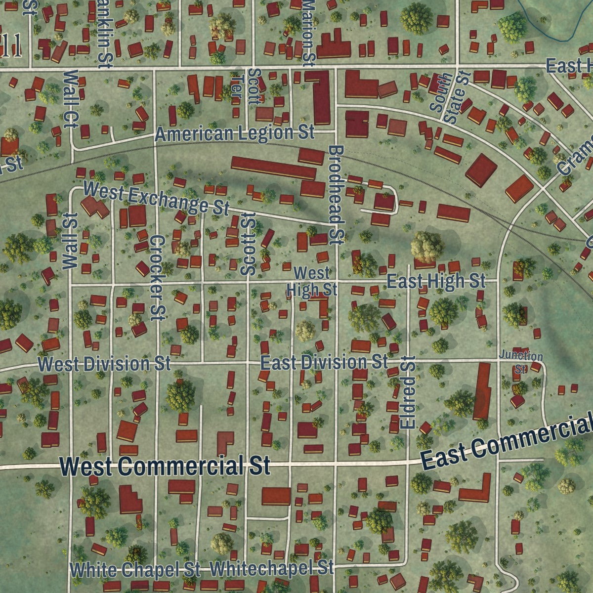 Close-up of the map of Mazomanie, Wisconsin print showing street and building detail