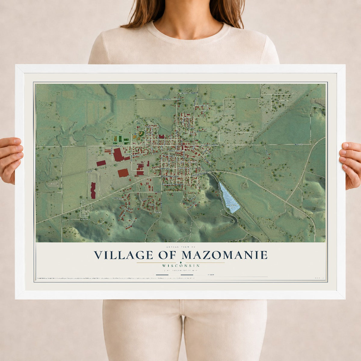 Map of Mazomanie, Wisconsin, 18 x 24 inch print in a white wood frame