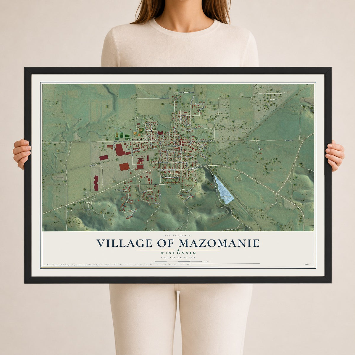 Map of Mazomanie, Wisconsin, 24 x 36 inch print in a black wood frame