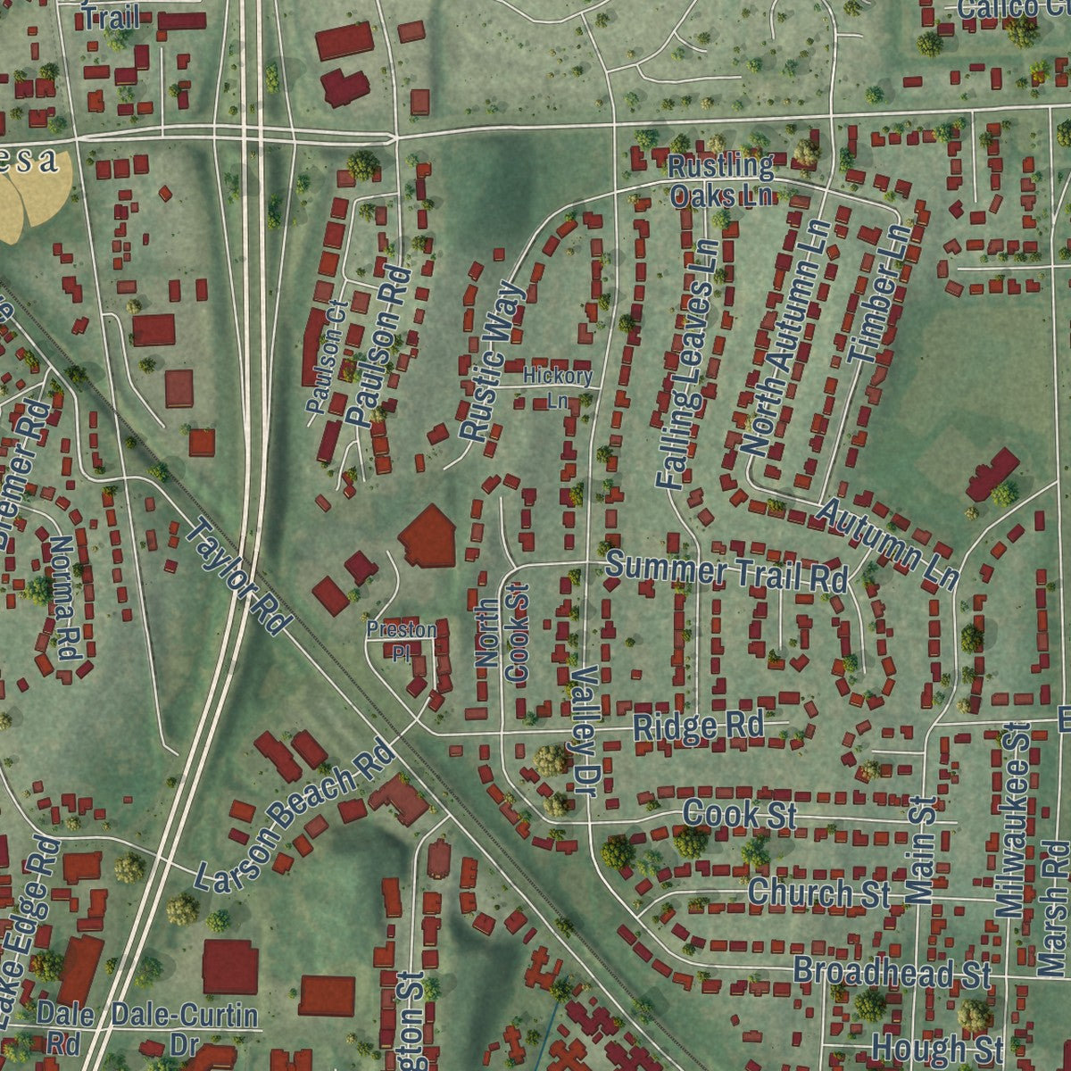 Close-up of the map of McFarland, Wisconsin print showing street and building detail