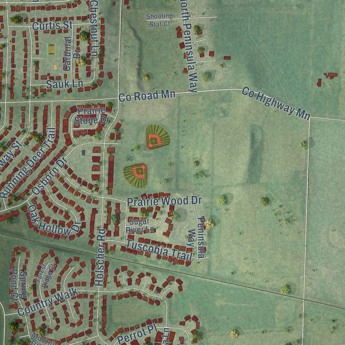 Second close-up of the map of McFarland, Wisconsin print showing more streets and buildings