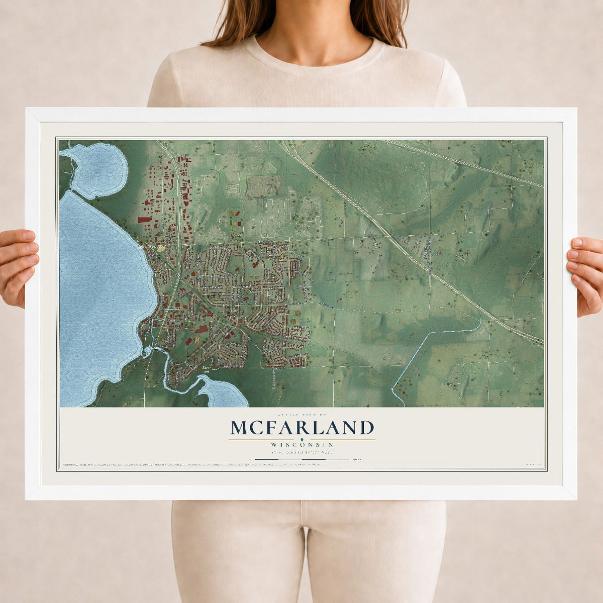 Map of McFarland, Wisconsin, 18 x 24 inch print in a white wood frame