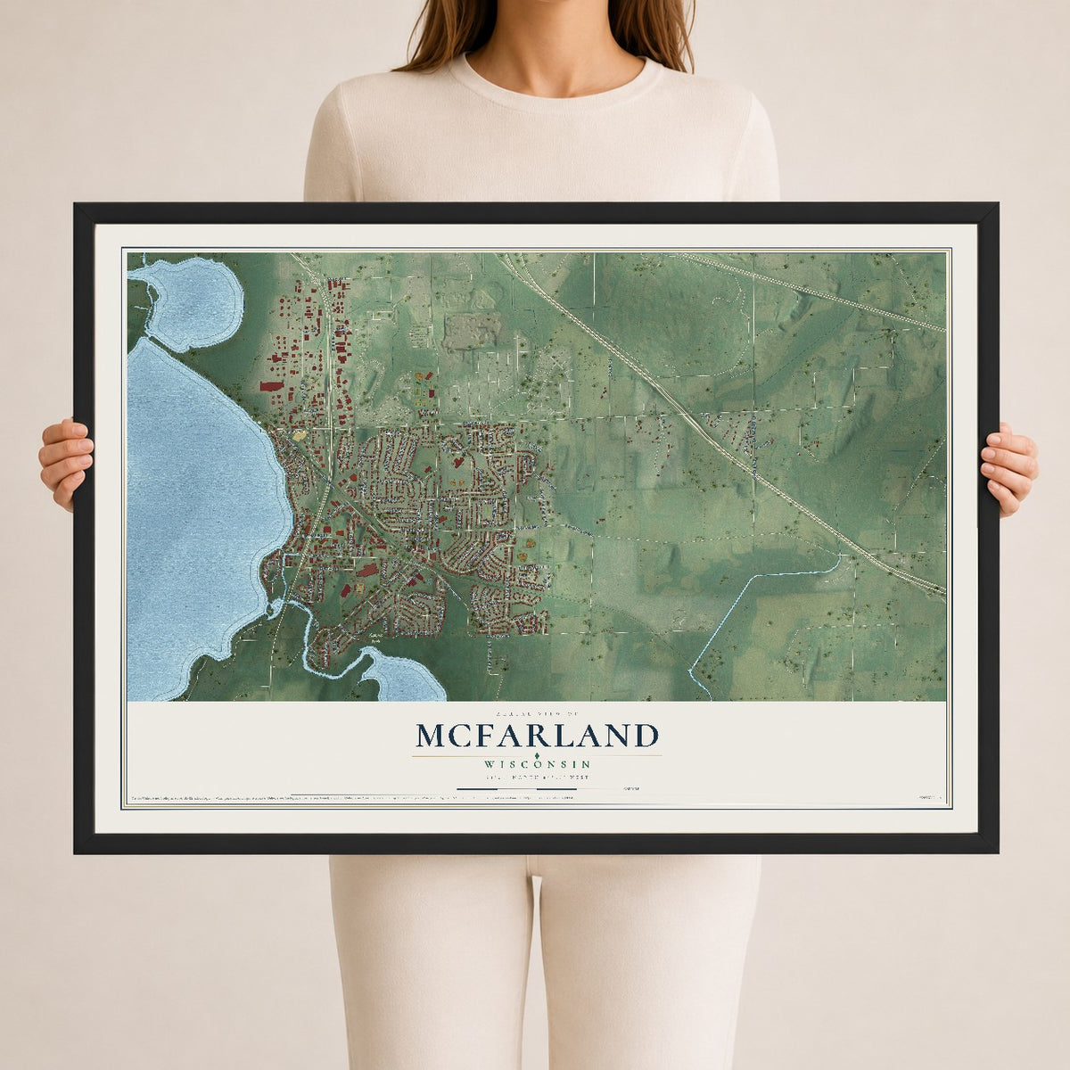 Map of McFarland, Wisconsin, 24 x 36 inch print in a black wood frame