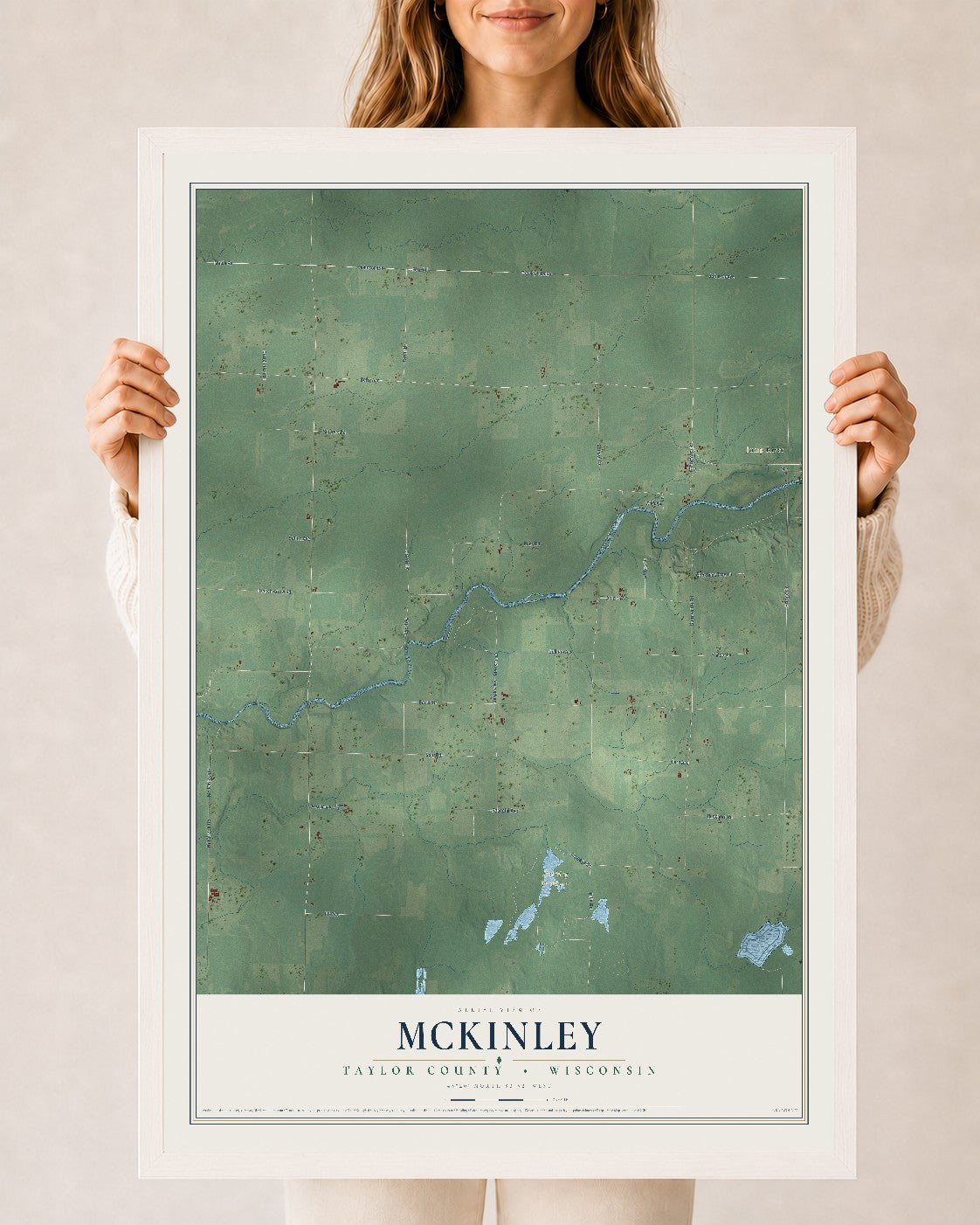 Map of McKinley, Taylor County, Wisconsin, 24 x 36 inch print in a white wood frame