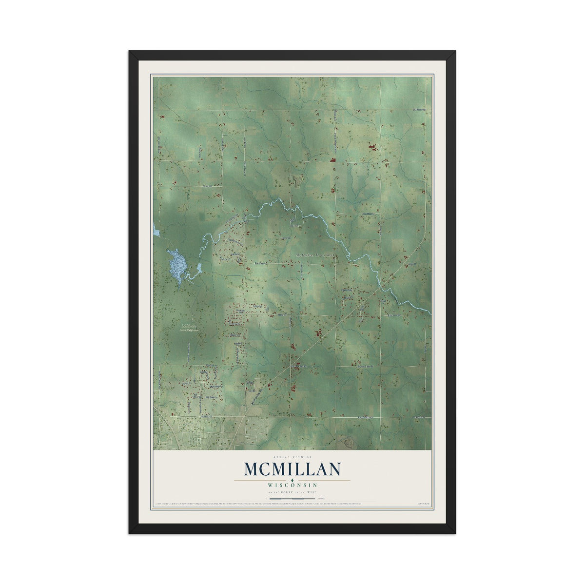 Map of McMillan, Wisconsin, 12 x 18 inch print in a black wood frame